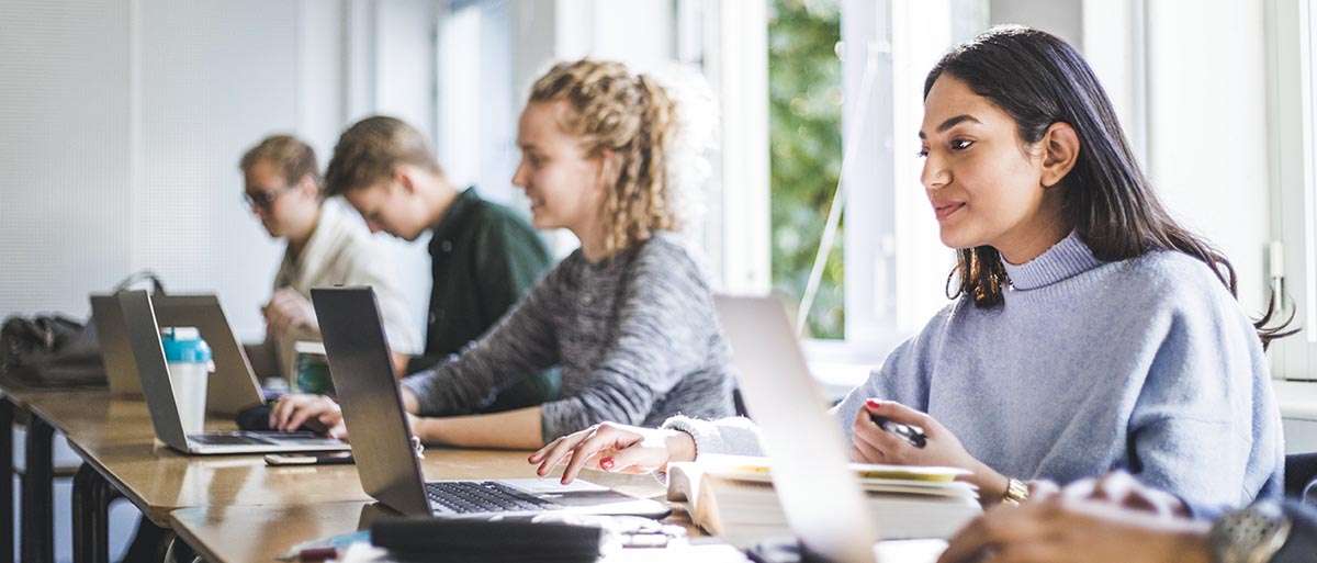 Two women and two men are sitting in a row, in-front of laptops, with windows behind them